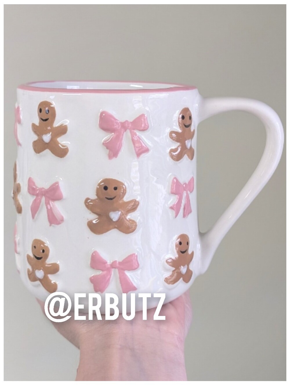 Peppermint and Pine Chic Pinkmas Gingerbread Bow Mug, Allover Embossed Design🎀
